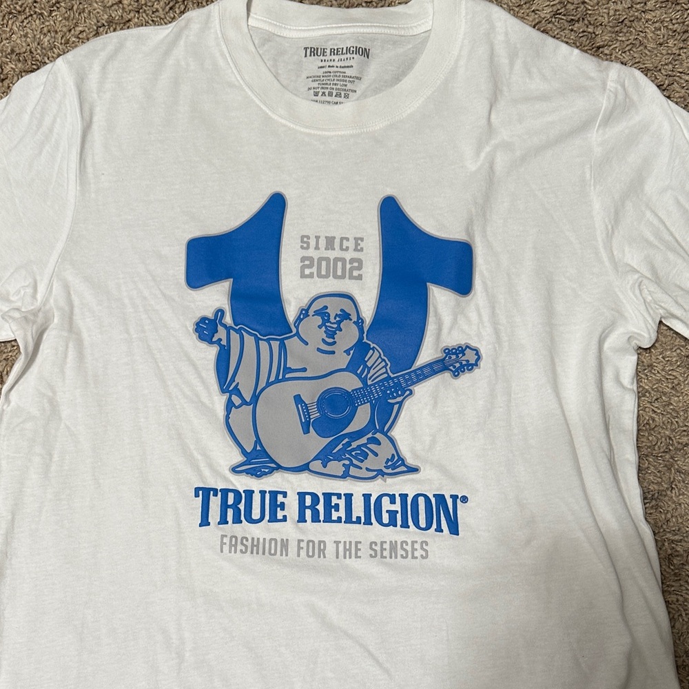 True Religion White Tee with Blue Graphic